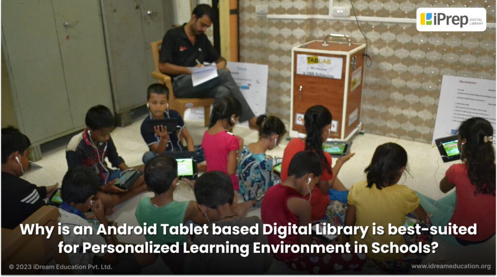 Glimpse of government school students using android tablet based digital library, also known as an ICT Lab for personalized learning in schools