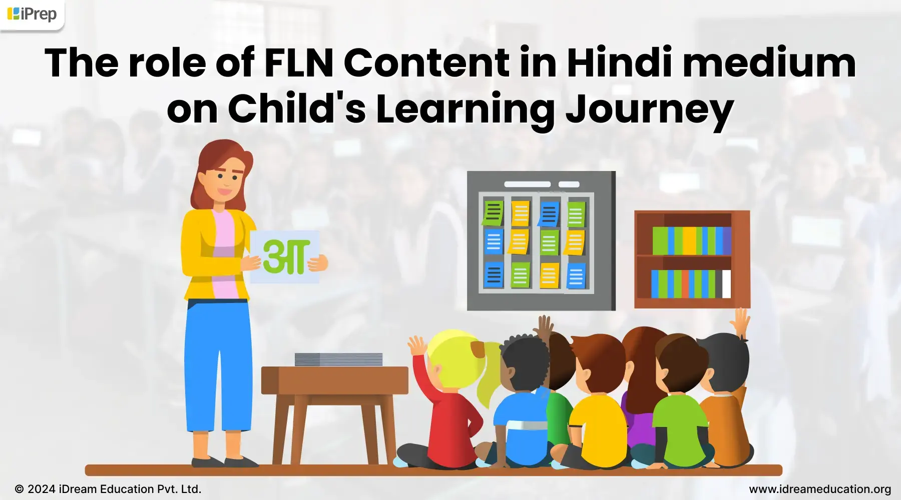 Illustration of primary school teachers teaching foundational literacy and numeracy FLN content in Hindi to children